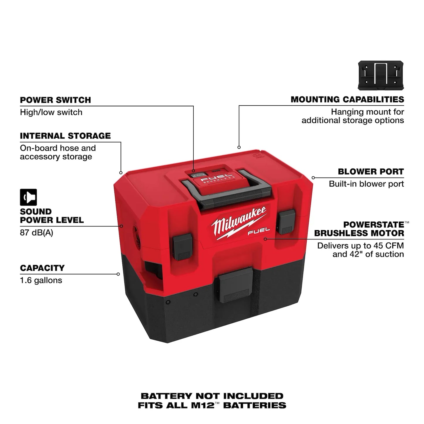 MILWAUKEE 0960-20 M12 FUEL 1.6 Gallon Wet/Dry Vacuum ( 096020 )