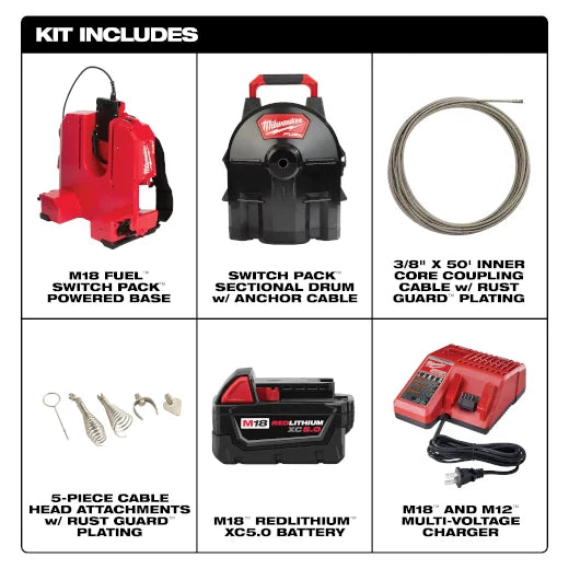 MILWAUKEE 2775B-211 M18 FUEL SWITCH PACK Sectional Drum Machine with 3/8” Cable ( 2775B211 )