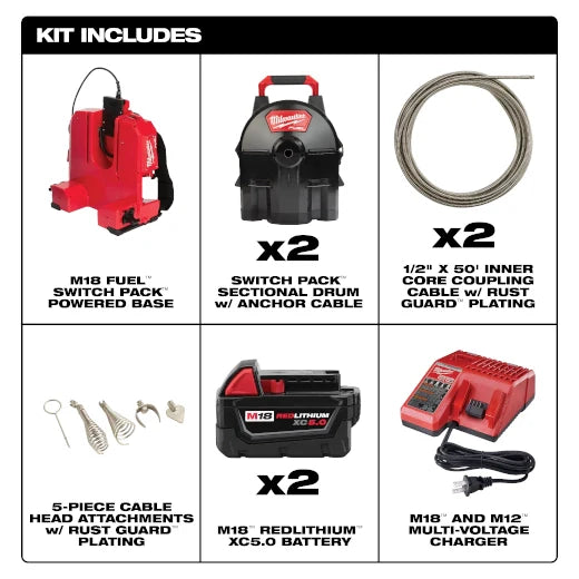 MILWAUKEE 2775C-222 M18 FUEL SWITCH PACK Sectional Drum Machine with 1/2” Cable ( 2775C222 )