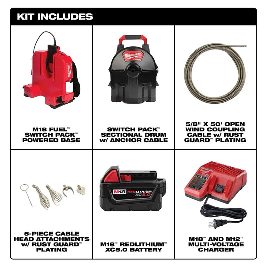 MILWAUKEE 2775E-211 M18 FUEL SWITCH PACK Sectional Drum Machine with 5/8” Open Wind Cable ( 2775E211 )