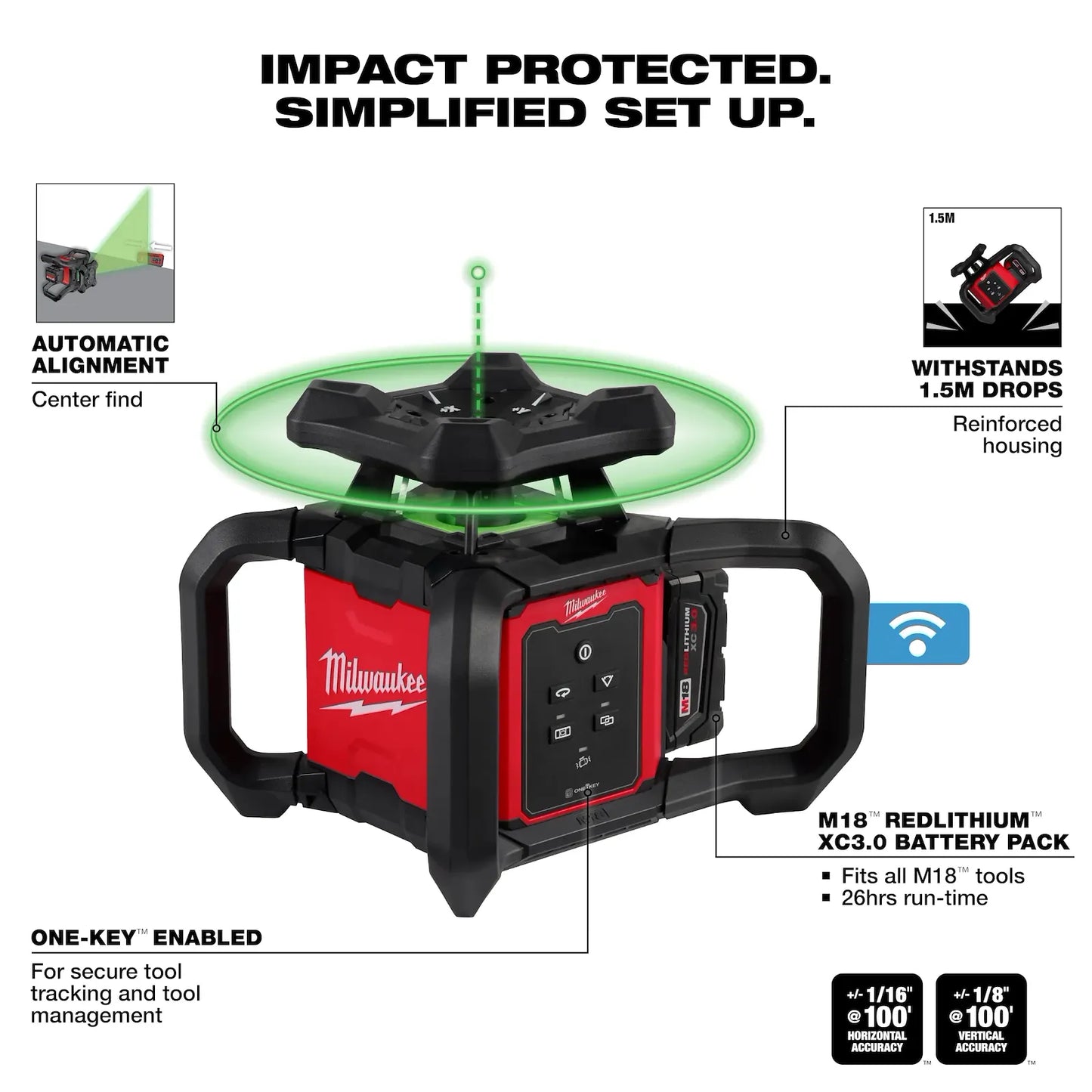 MILWAUKEE 3702-21 M18 Green Interior Rotary Laser Level Kit w/ Remote/Receiver & Wall Mount Bracket ( 370221 )