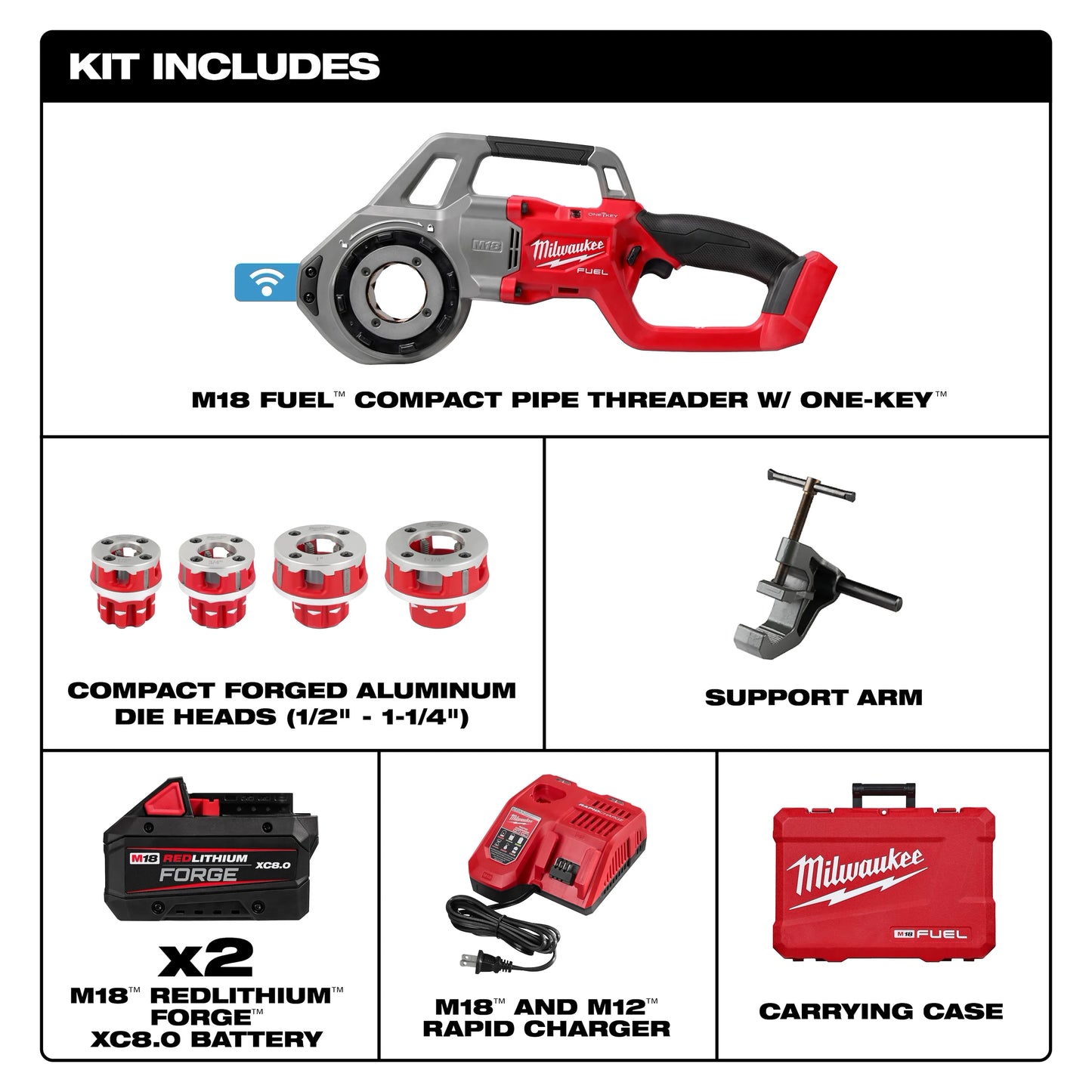 MILWAUKEE 2870-22 M18 FUEL Compact Pipe Threader w/ ONE-KEY w/ 1/2" - 1-1/4" Compact NPT Forged Aluminum Die Heads ( 287022 )