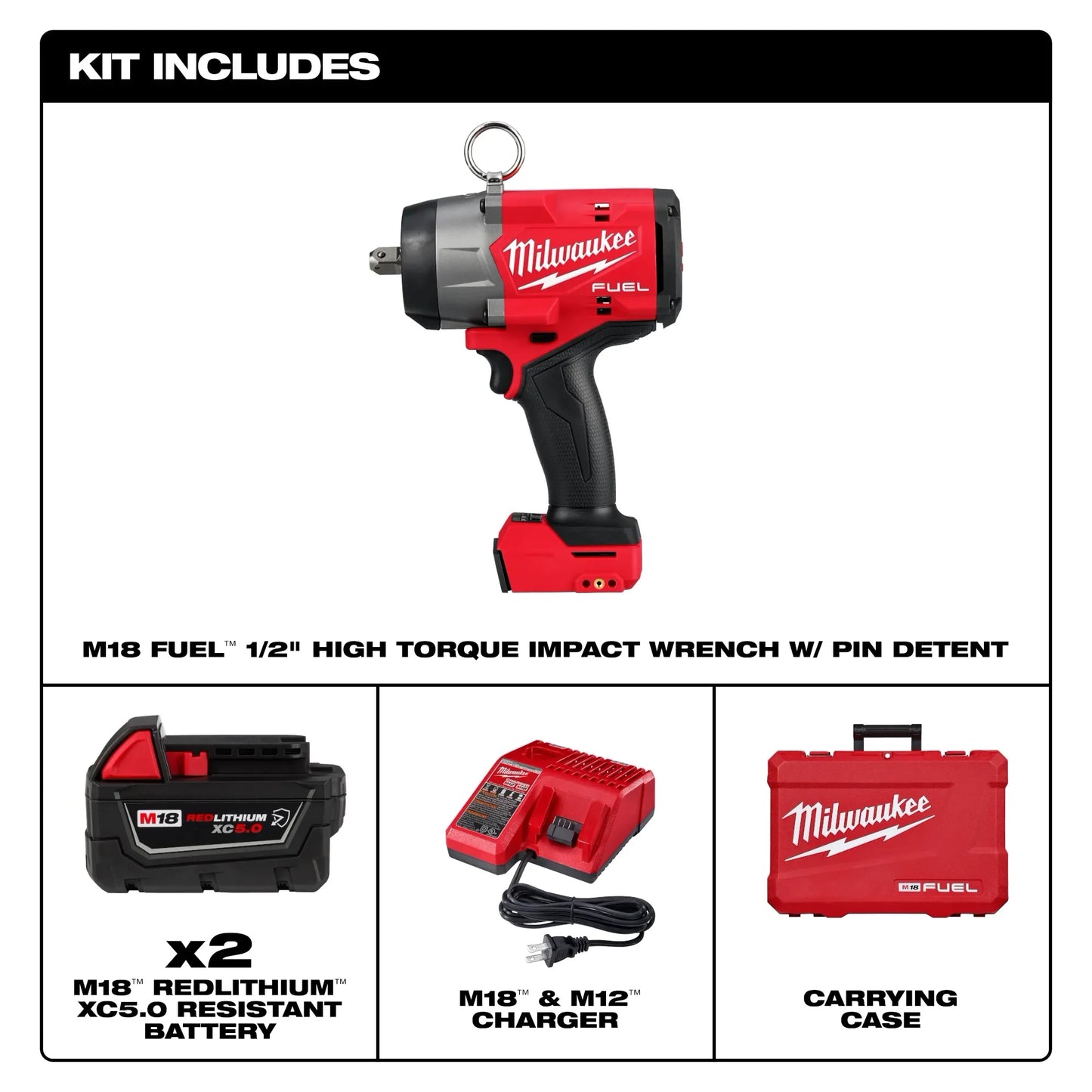 MILWAUKEE 2966-22 M18 FUEL 1/2" High Torque Impact Wrench w/ Pin Detent Kit ( 296622 )