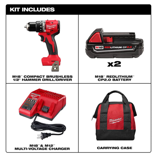MILWAUKEE 3602-22CT M18 Compact Brushless 1/2" Hammer Drill/Driver Kit ( 360222CT )