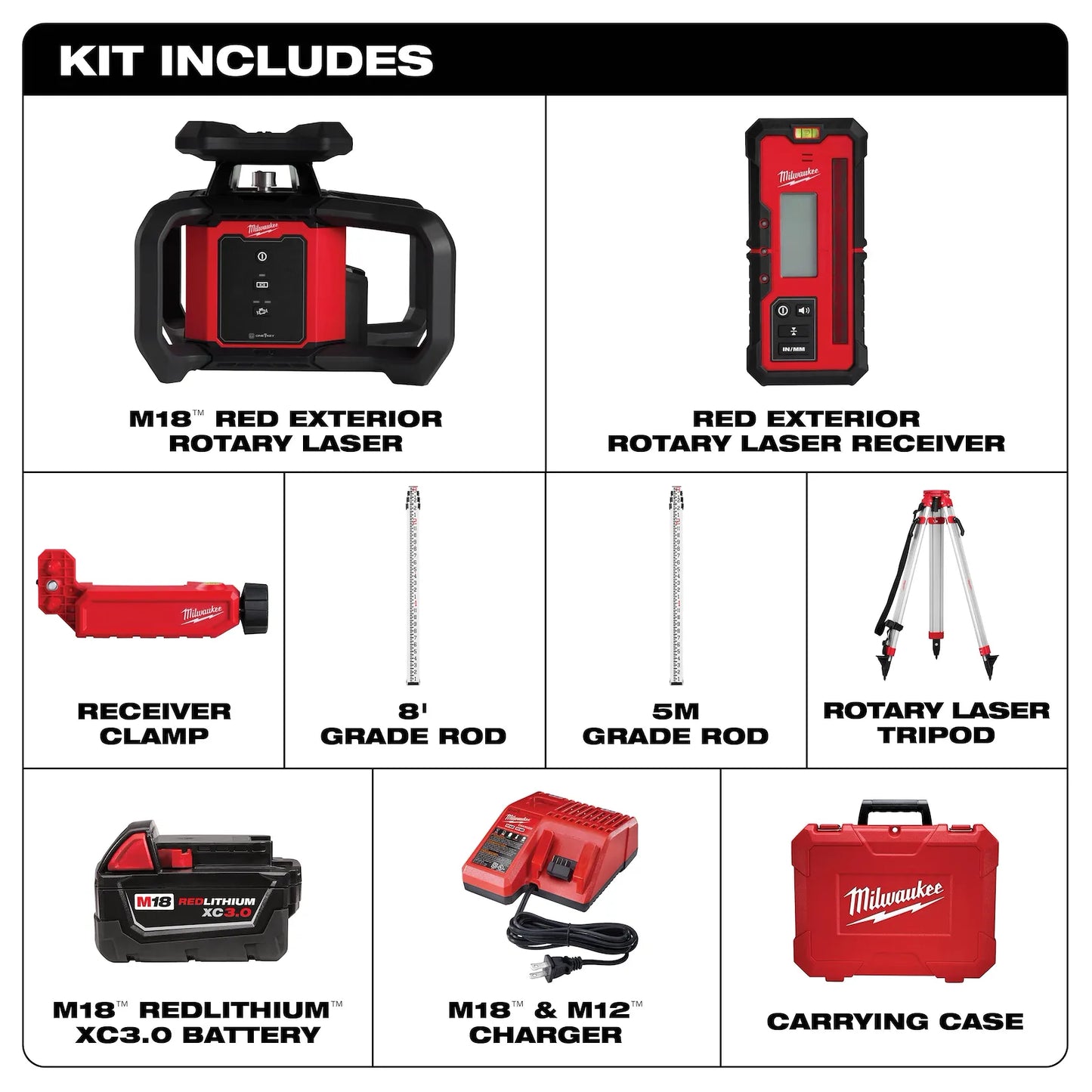 MILWAUKEE 3701-21T M18 Red Exterior Rotary Laser Level Kit w/ Receiver, Tripod, & Grade Rod ( 370121T )