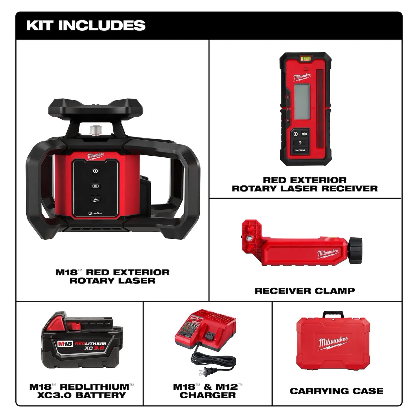 MILWAUKEE 3701-21 M18 Red Exterior Rotary Laser Level Kit w/ Receiver ( 370121 )