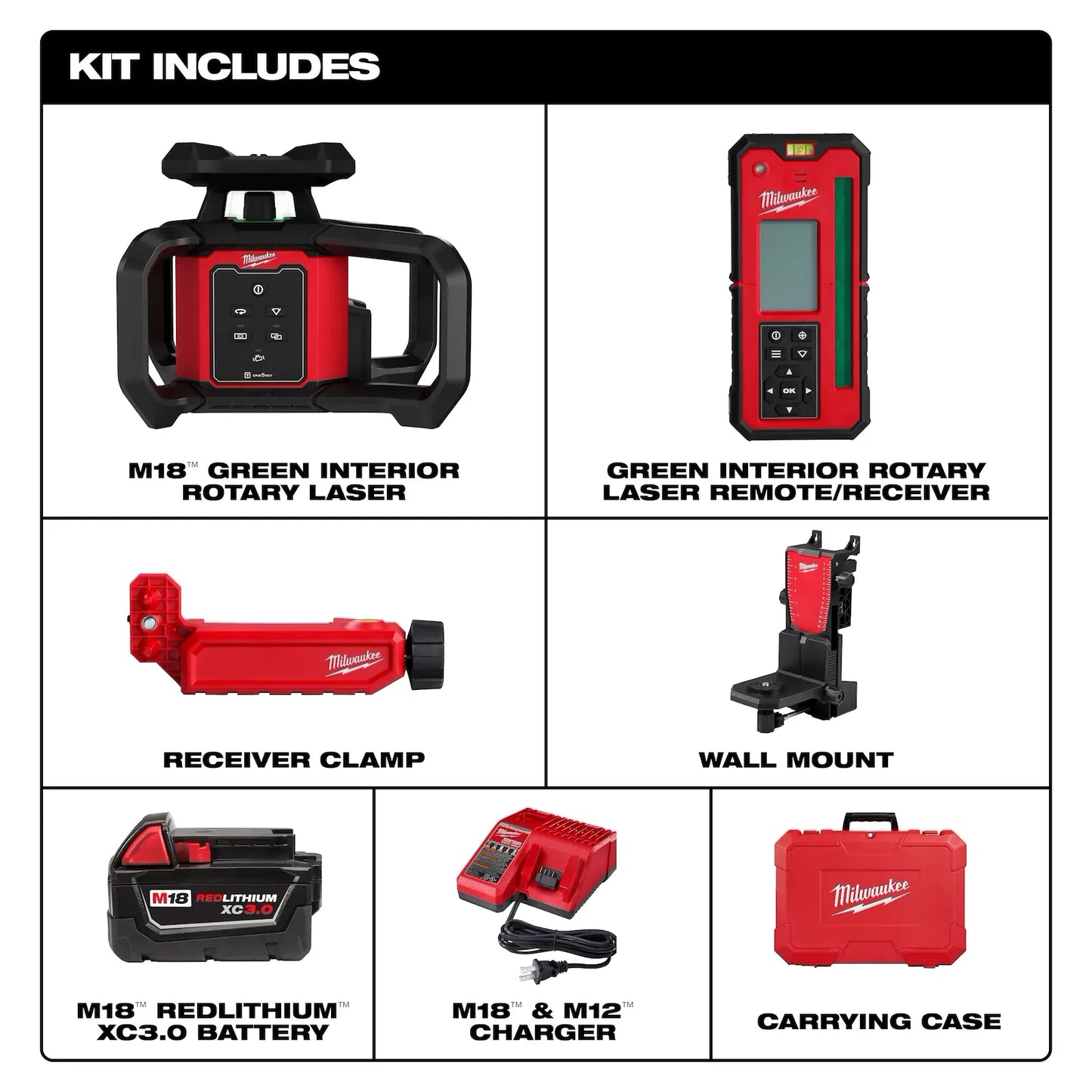 MILWAUKEE 3702-21 M18 Green Interior Rotary Laser Level Kit w/ Remote/Receiver & Wall Mount Bracket ( 370221 )