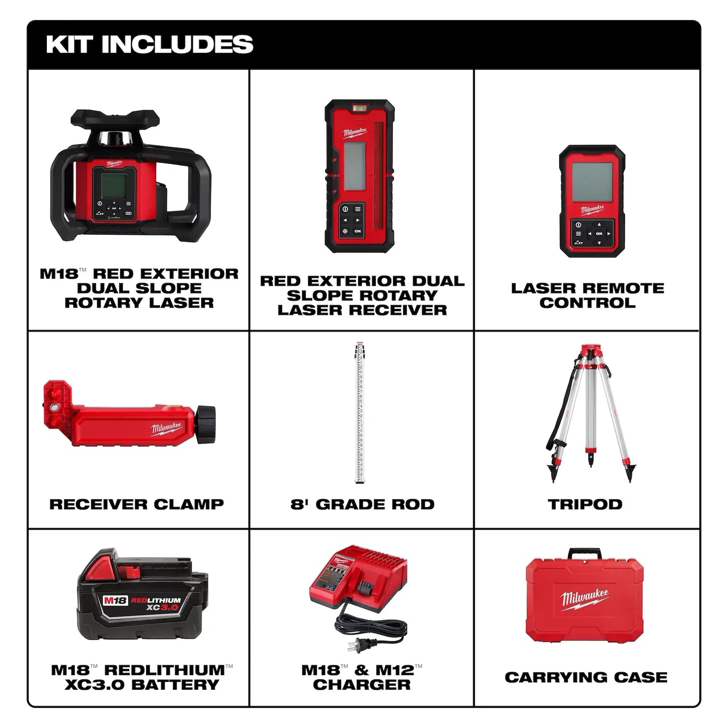 MILWAUKEE 3704-21T M18 Red Exterior Dual Slope Rotary Laser Level Kit w/ Receiver, Remote, Grade Rod & Tripod ( 370421T )