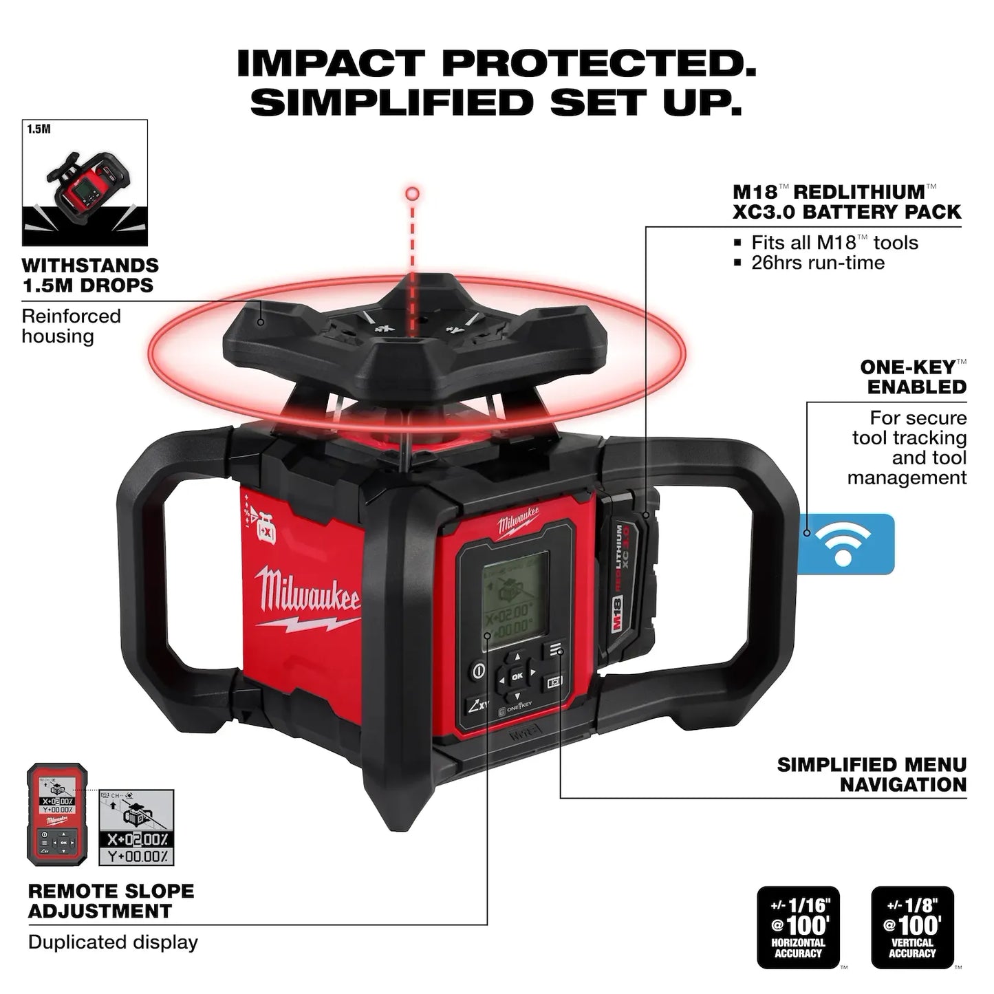 MILWAUKEE 3704-21T M18 Red Exterior Dual Slope Rotary Laser Level Kit w/ Receiver, Remote, Grade Rod & Tripod ( 370421T )