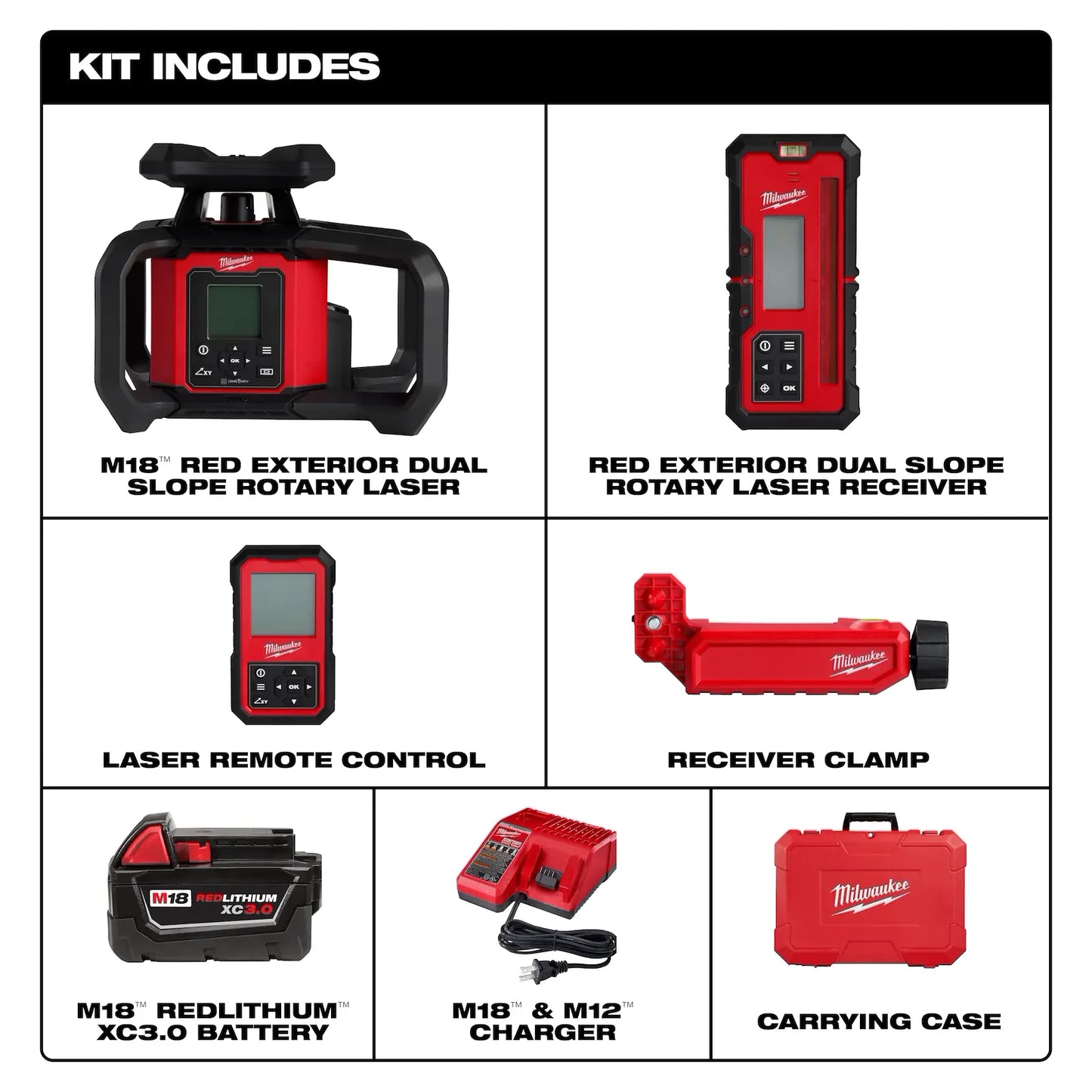MILWAUKEE 3704-21 M18 Red Exterior Dual Slope Rotary Laser Level Kit w/ Receiver & Remote ( 370421 )